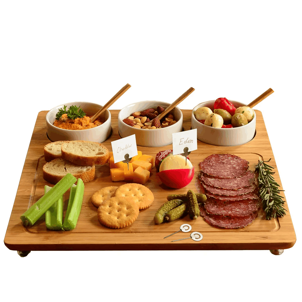 Pamap - Bamboo Cheese Board/Charcuterie Platter w/Bowls & Bamboo Spoons & Cheese Markers - 13" x 13"